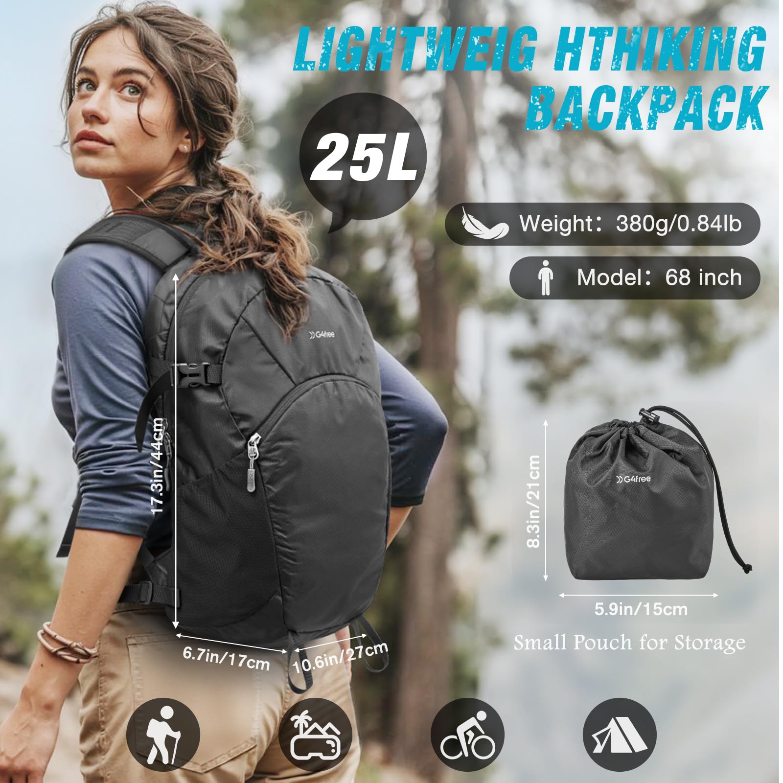 G4Free - G4Free 25L Packable Hiking Backpack with Thickened Back Panel -TN25B507A