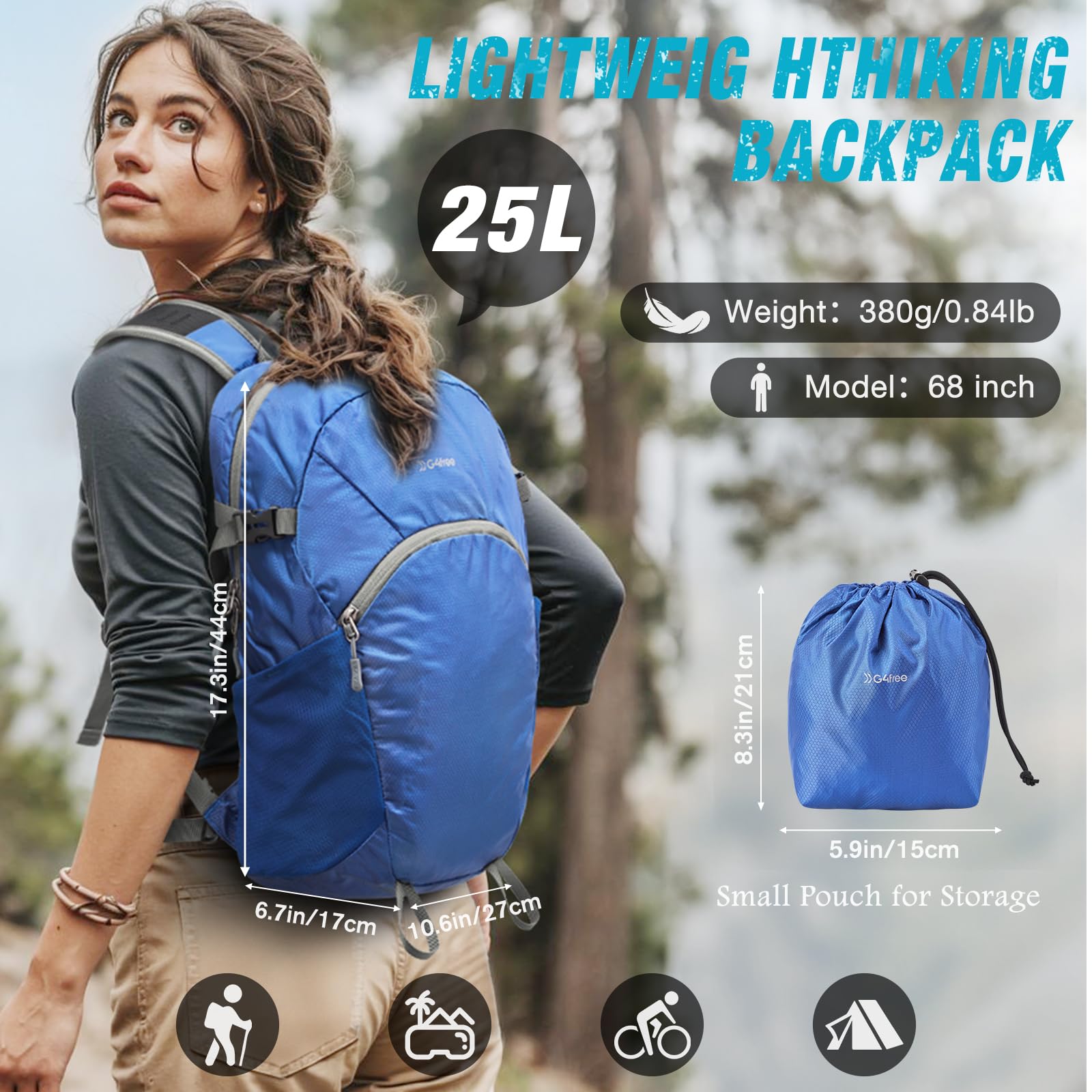 G4Free - G4Free 25L Packable Hiking Backpack with Thickened Back Panel -TN25B507A