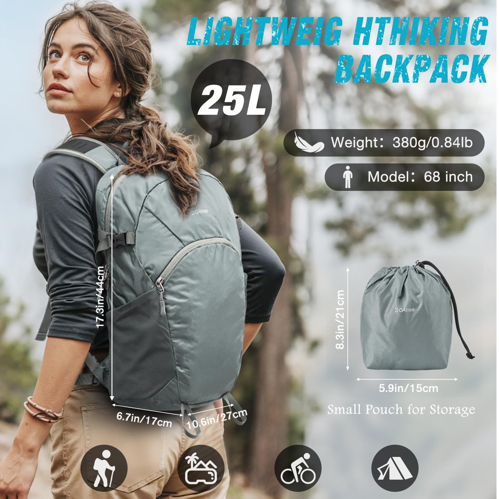 G4Free - G4Free 25L Packable Hiking Backpack with Thickened Back Panel -TN25B507A
