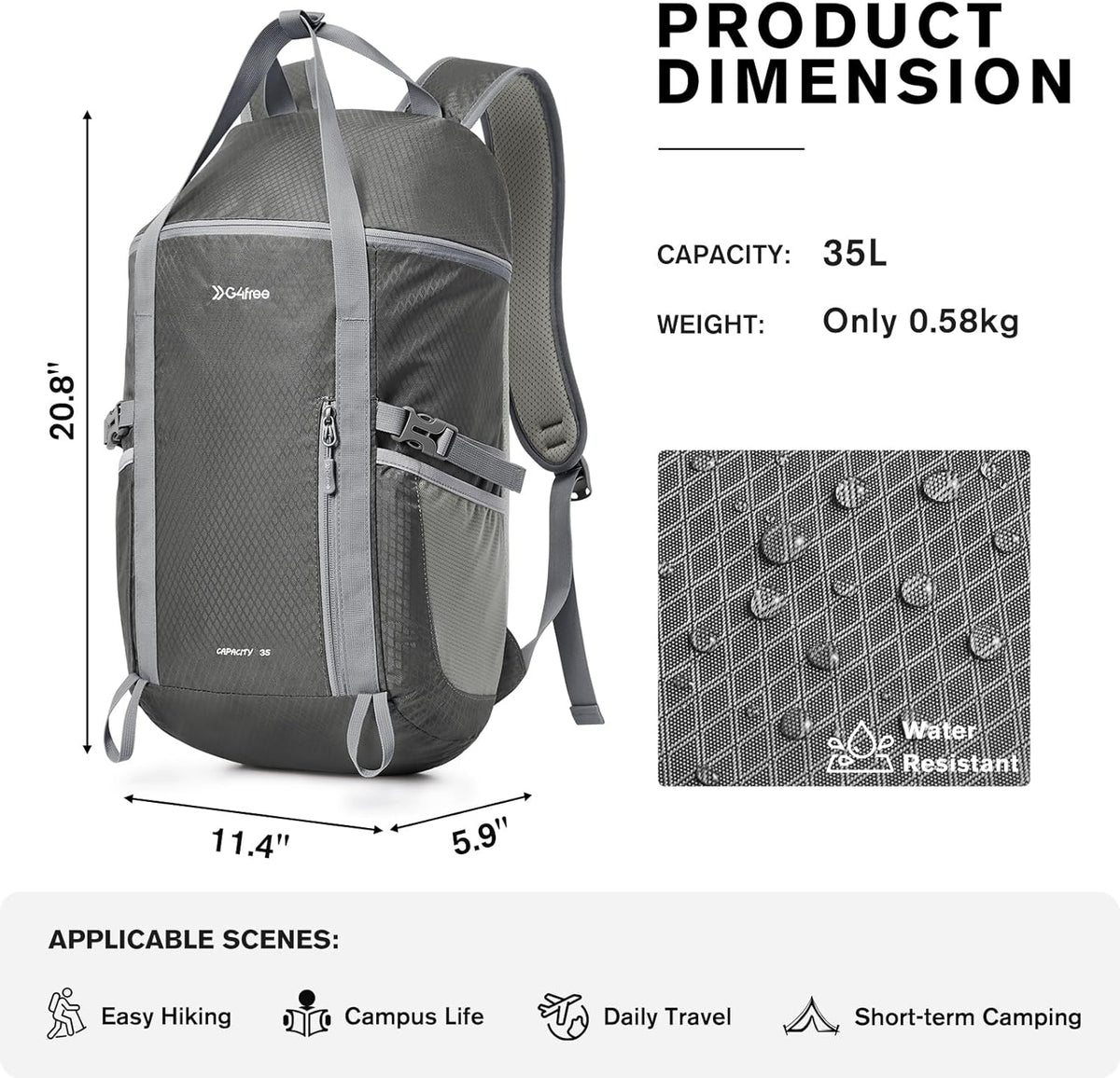 G4Free - G4Free 35L Waterproof Travel Hiking Backpack -TN24B438A