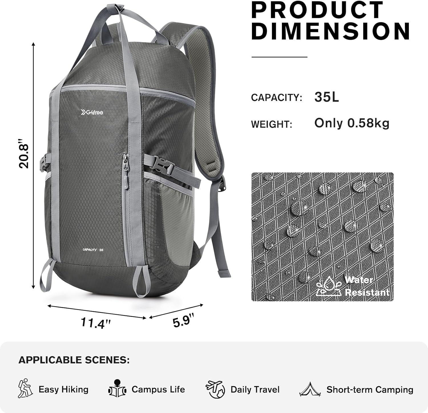 G4Free - G4Free 35L Waterproof Travel Hiking Backpack -TN24B438A