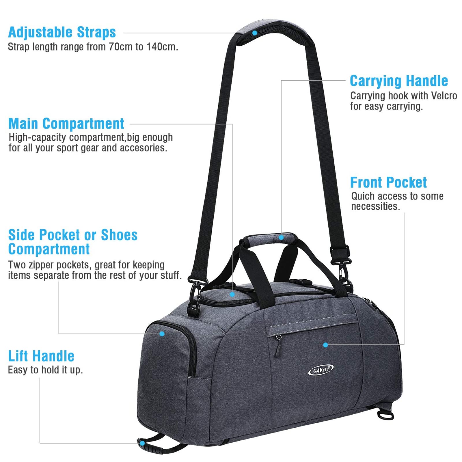 G4Free - G4Free 40L 3-Way Duffle Bag Backpack Gym Bag -D01V084A