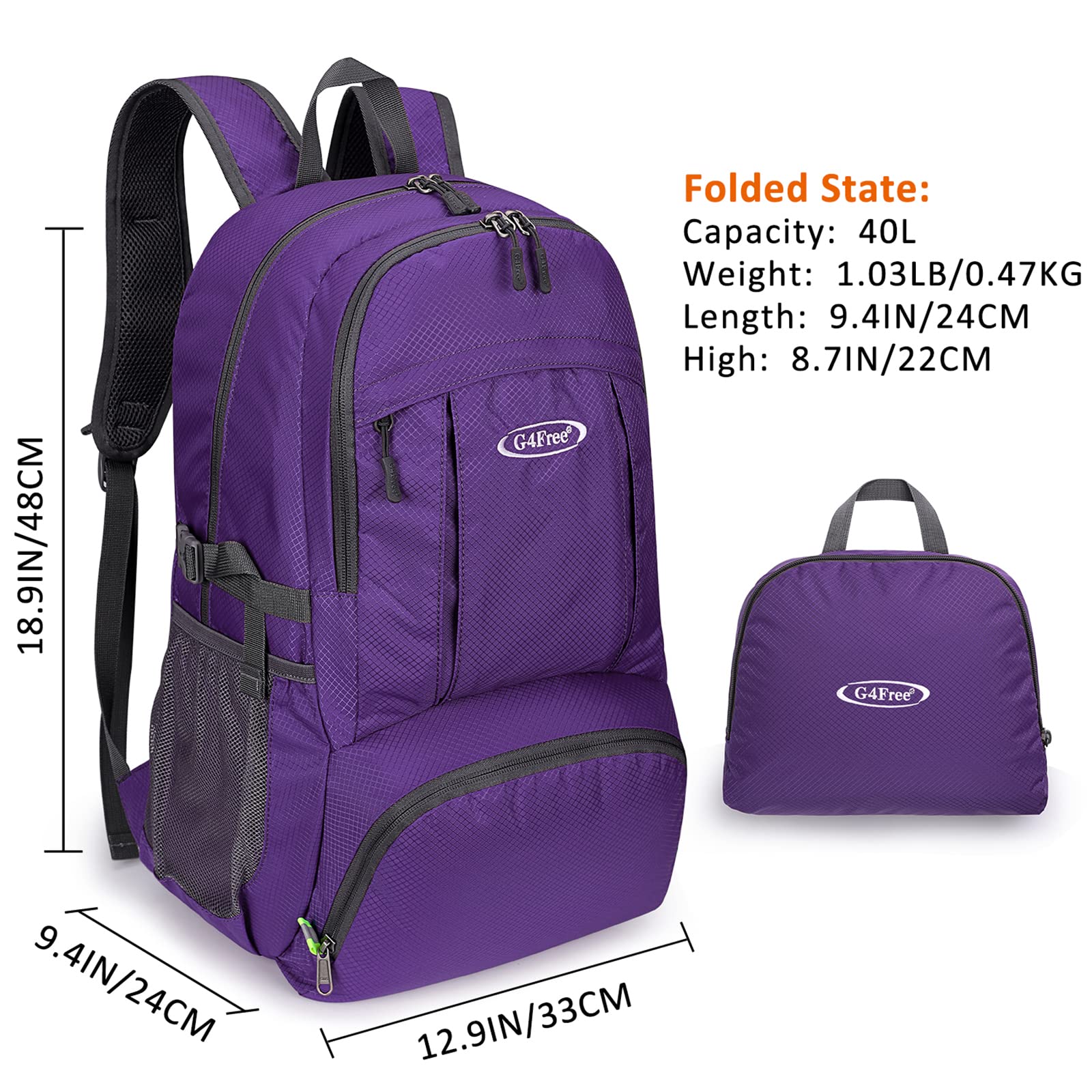 G4Free - G4Free 40L Lightweight Packable Hiking Backpack -D02V707A