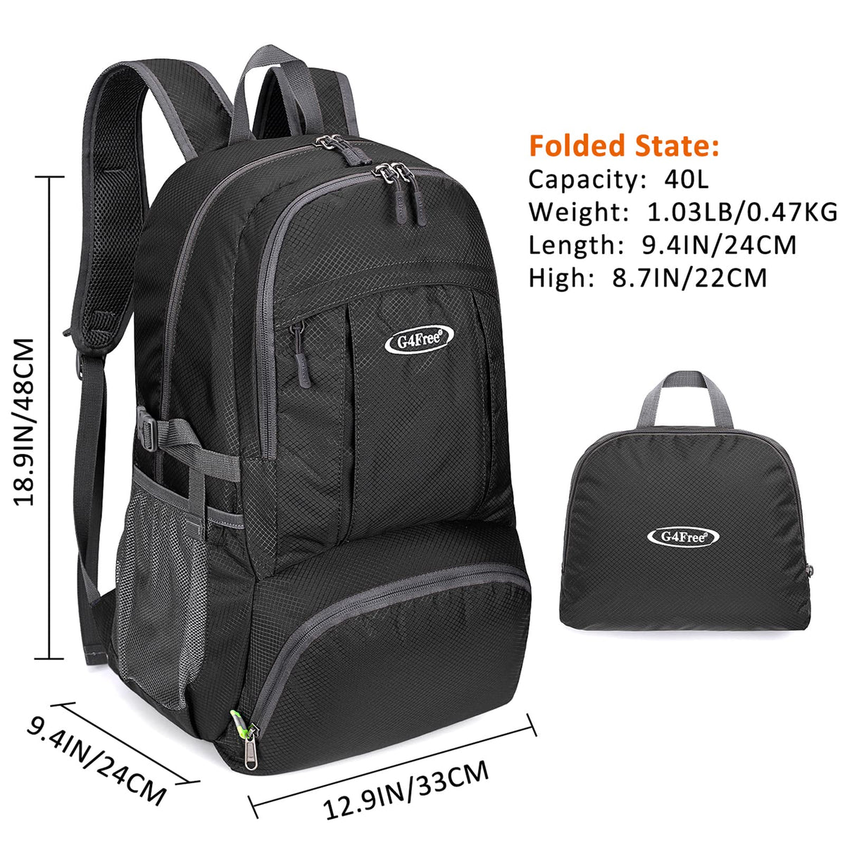 G4Free - G4Free 40L Lightweight Packable Hiking Backpack -D02V707A