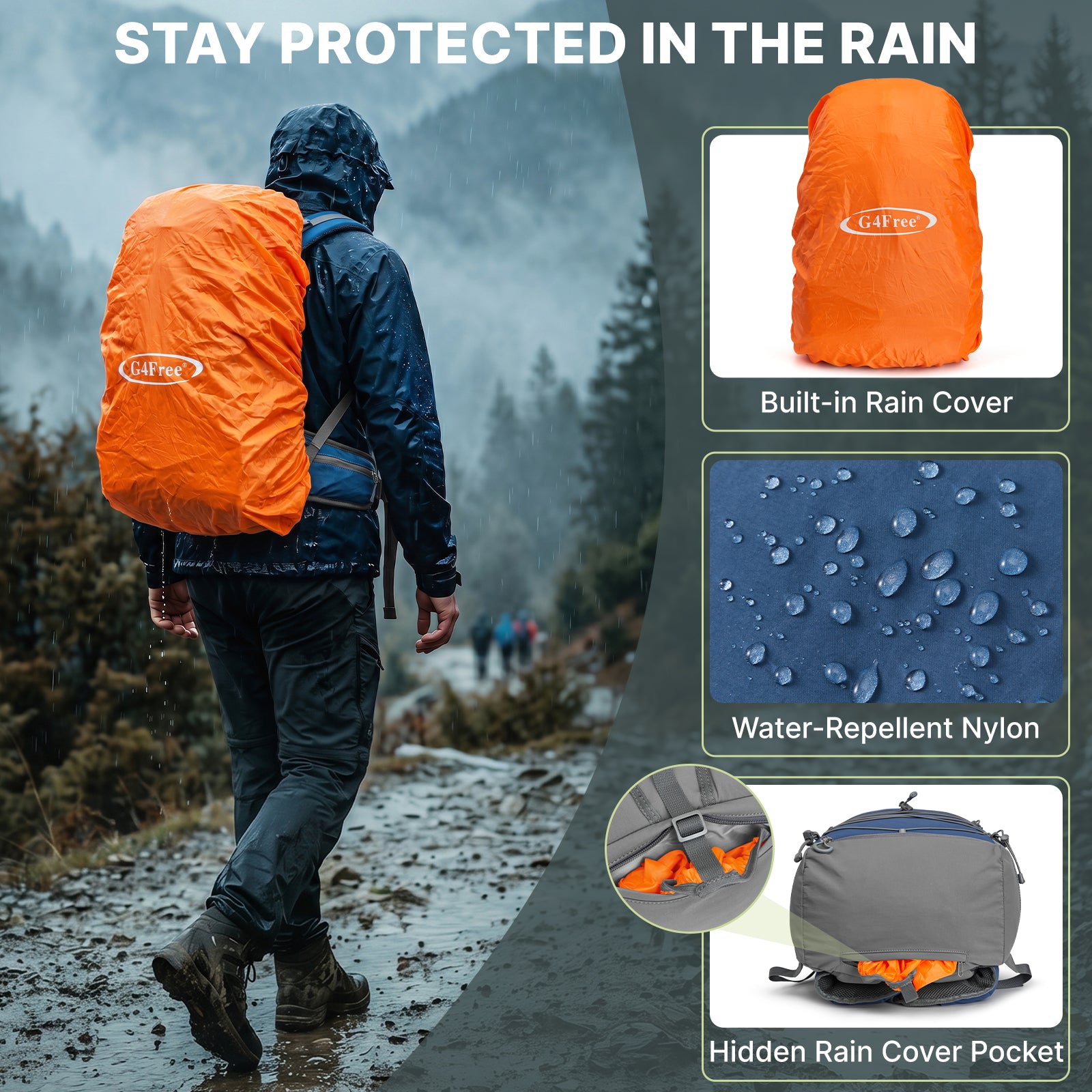 G4Free - G4Free 40L Lightweight Travel Backpack with Rain Cover -TN26B623A
