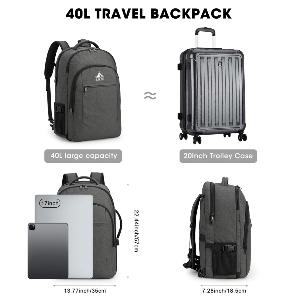 G4Free - G4Free 40l Carry On Waterproof  Travel Backpack For Women Men -TN23B188A
