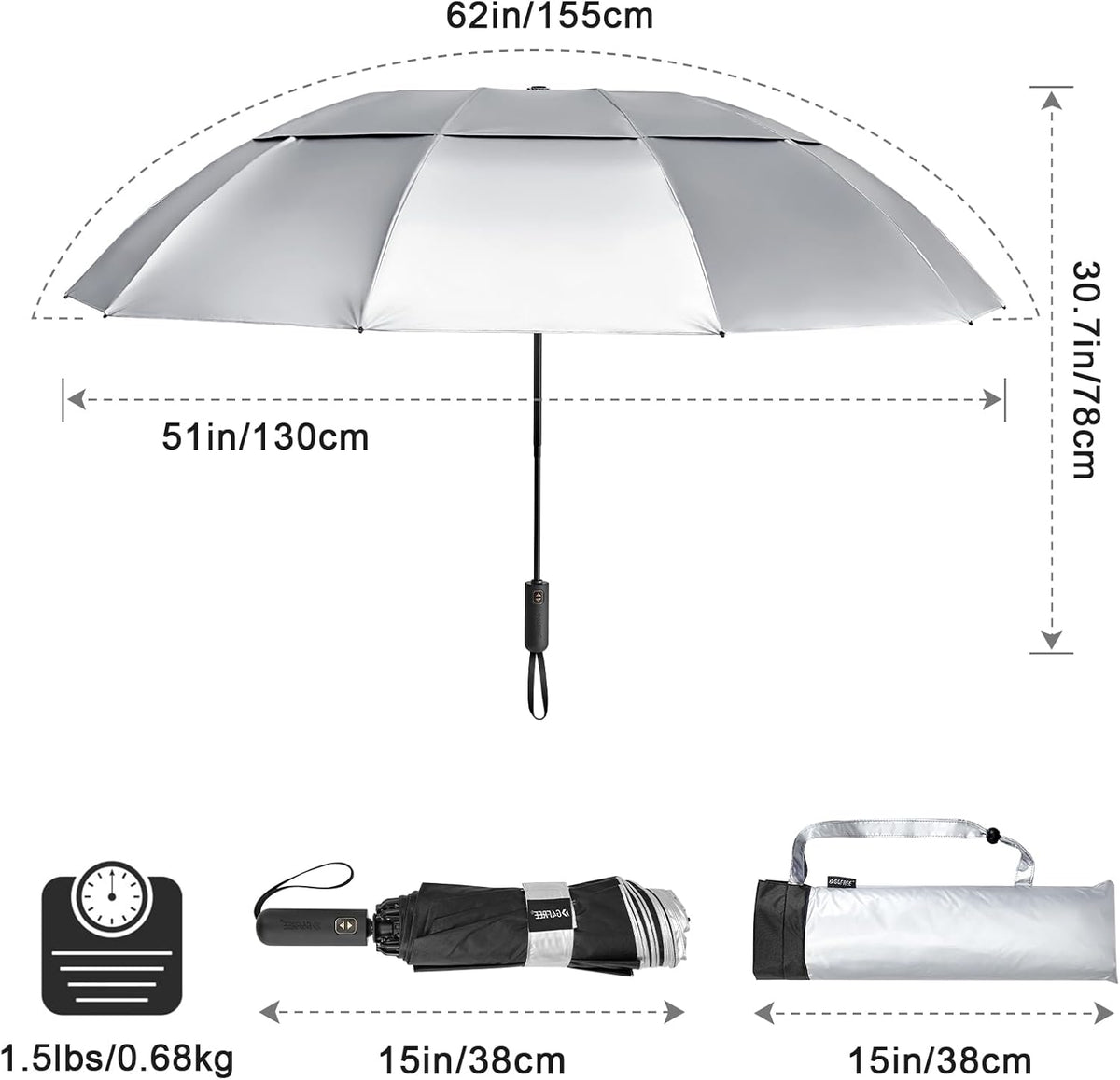 G4Free - G4Free 42/46/54/62 Inch 10 Ribs Windproof for Rain Double Canopy Auto Umbrella -NT24A453F