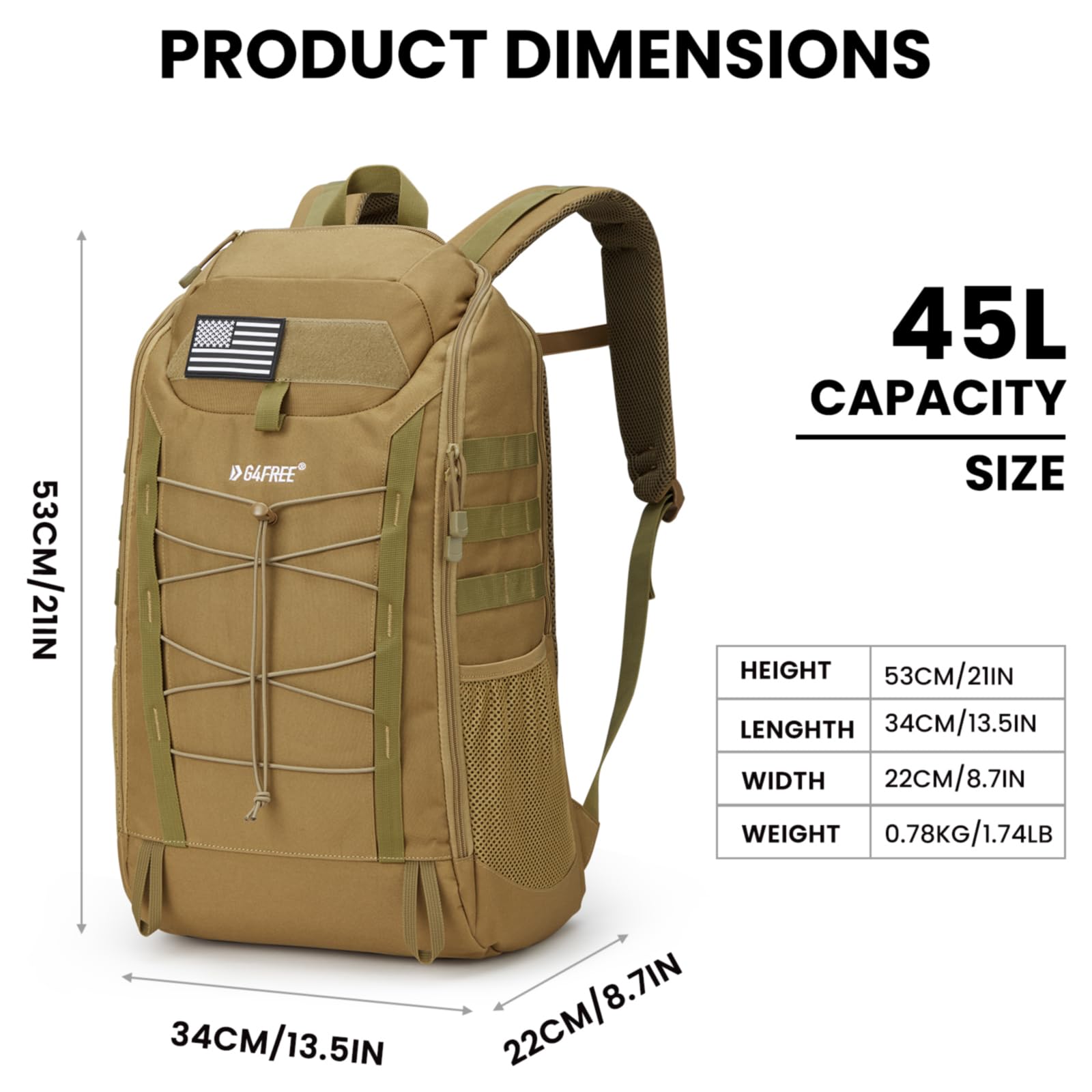 G4Free - G4Free 45L Military Tactical Backpack 3 Day Survival Molle Pack -TN23B193A