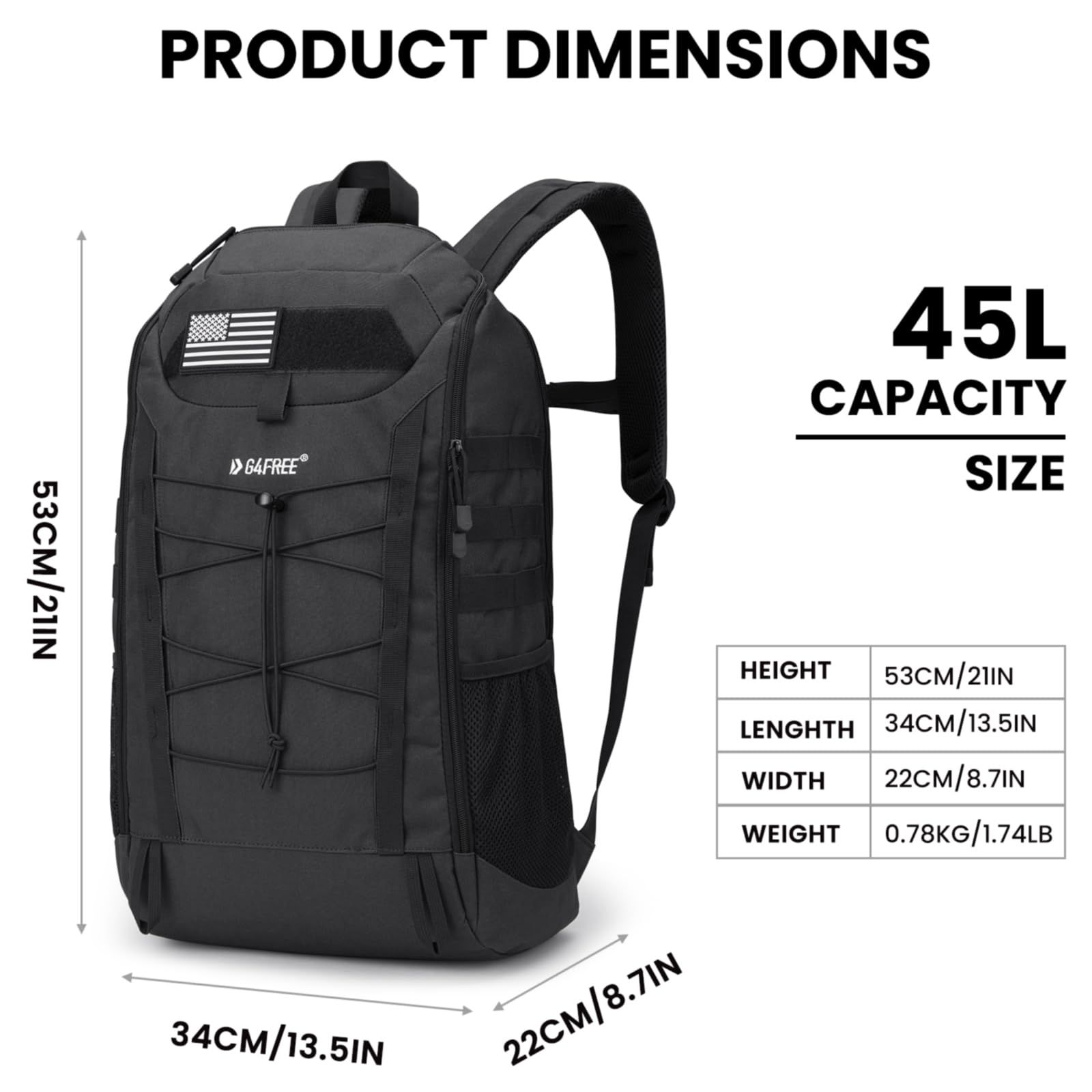 G4Free - G4Free 45L Military Tactical Backpack 3 Day Survival Molle Pack -TN23B193A