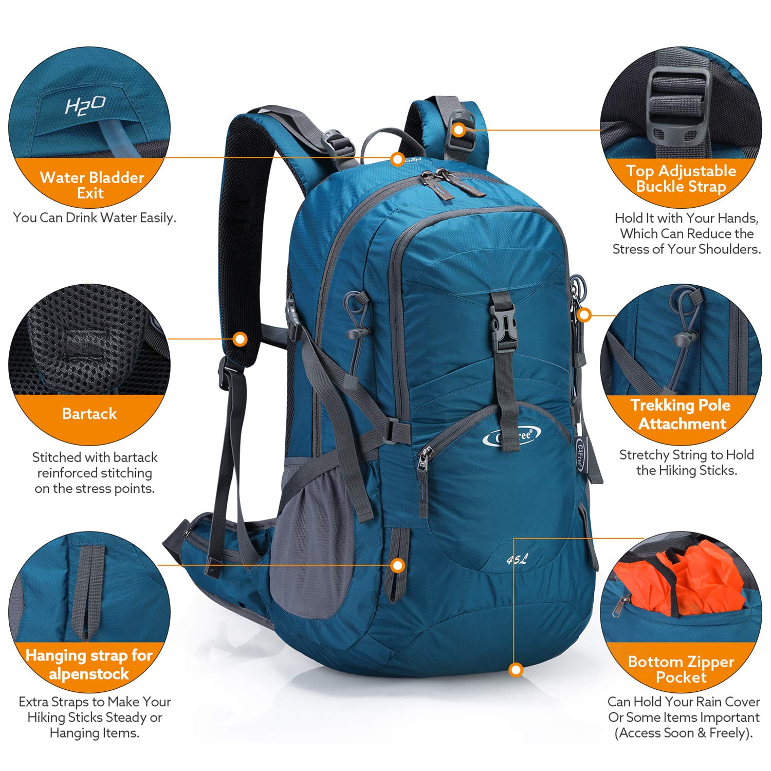 G4Free - G4Free 45L Waterproof Hiking Travel Backpack with Rain Cover -D02V648A