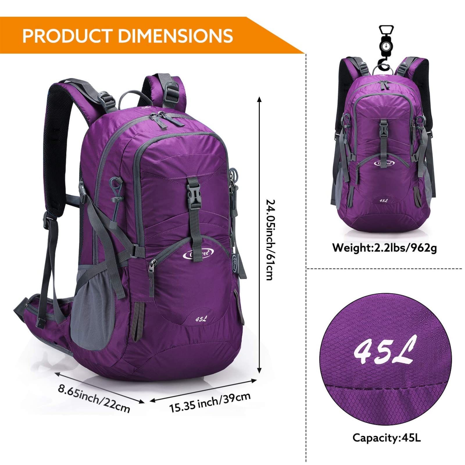 G4Free - G4Free 45L Waterproof Hiking Travel Backpack with Rain Cover -D02V648A