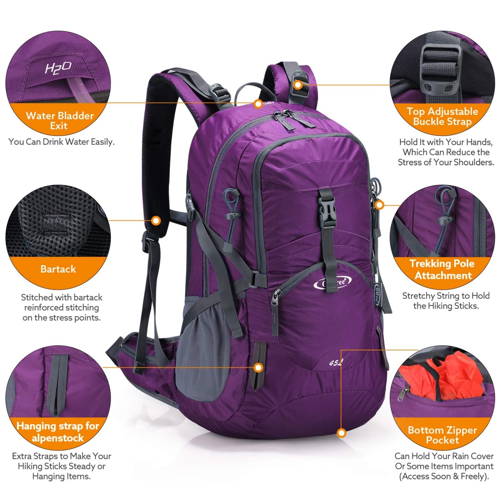 G4Free - G4Free 45L Waterproof Hiking Travel Backpack with Rain Cover -D02V648A