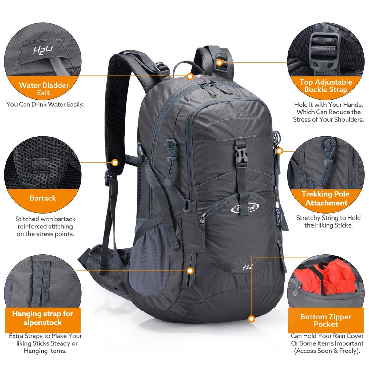 G4Free - G4Free 45L Waterproof Hiking Travel Backpack with Rain Cover -D02V648A