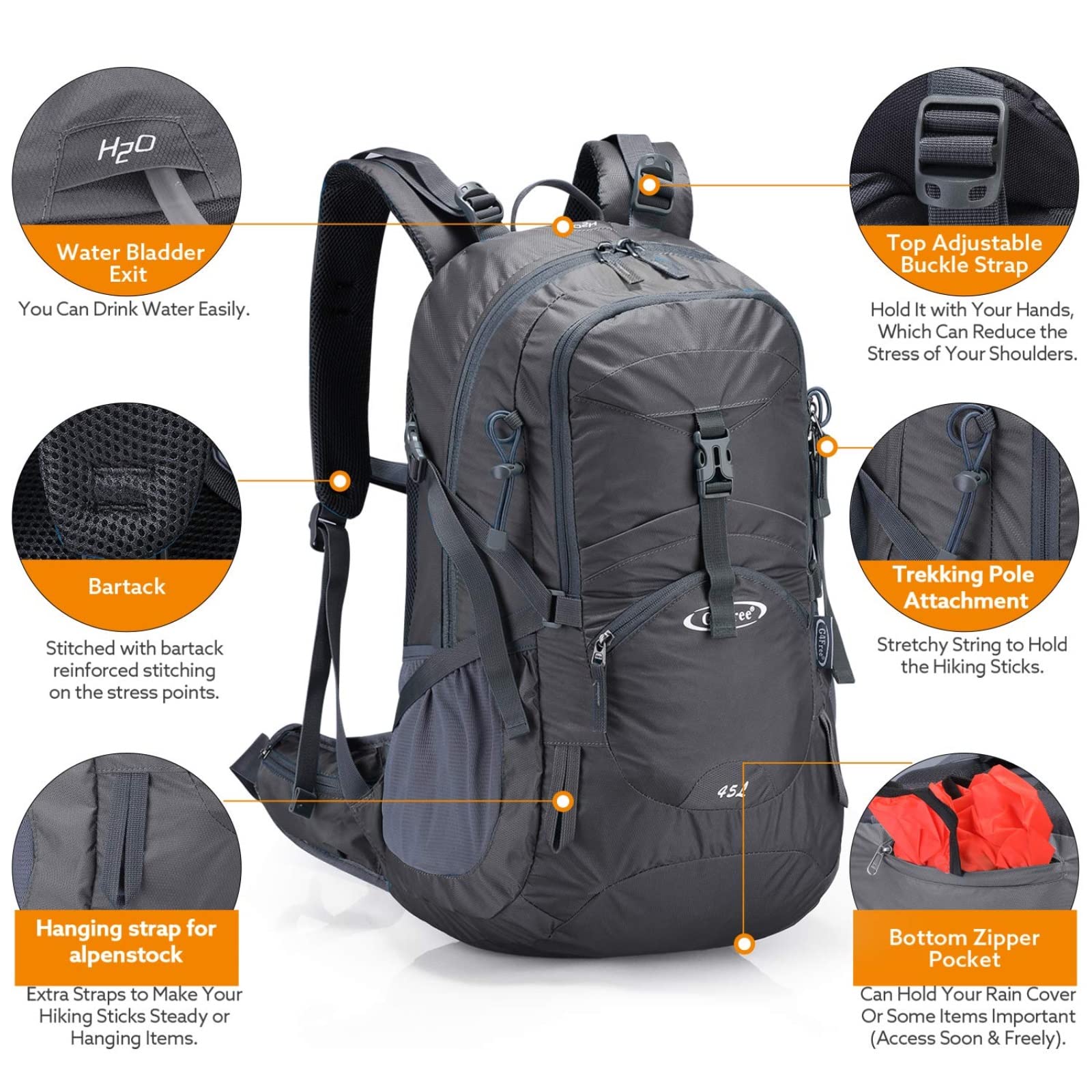 G4Free - G4Free 45L Waterproof Hiking Travel Backpack with Rain Cover -D02V648A