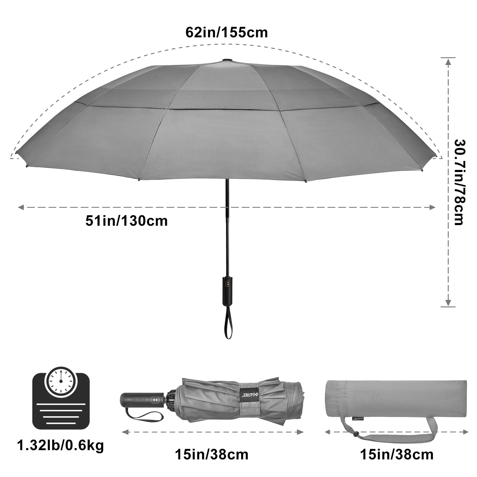 G4Free - G4Free 46/54/62 Inch Large Compact Golf Umbrella Windproof 10 Ribs -TN23A229B
