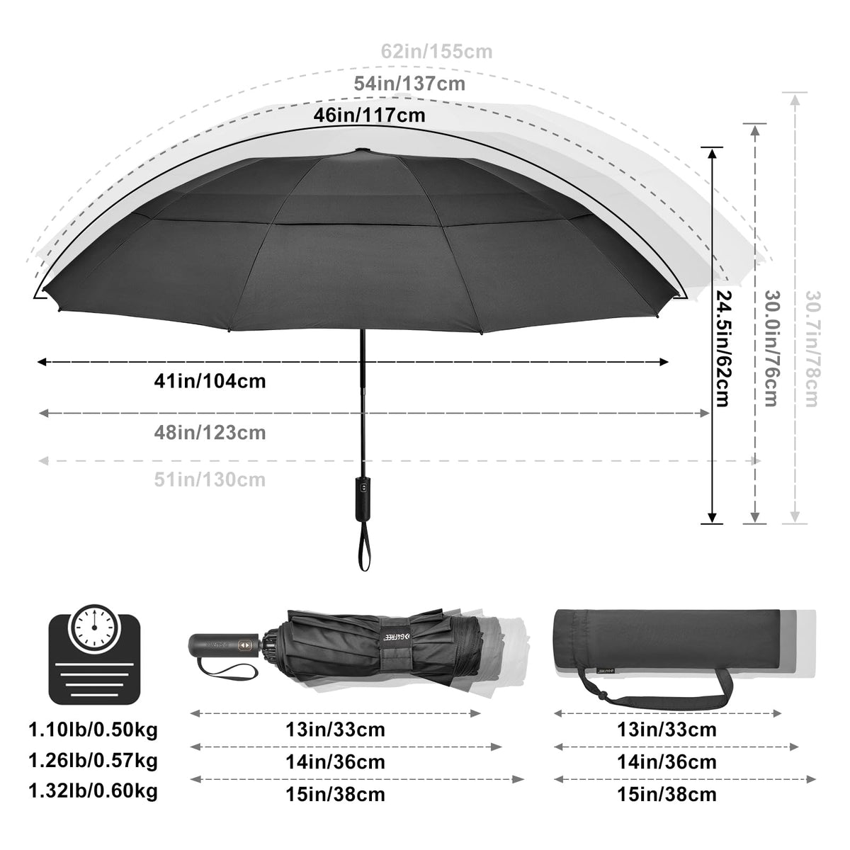 G4Free - G4Free 46/54/62 Inch Large Compact Golf Umbrella Windproof 10 Ribs -TN23A229B