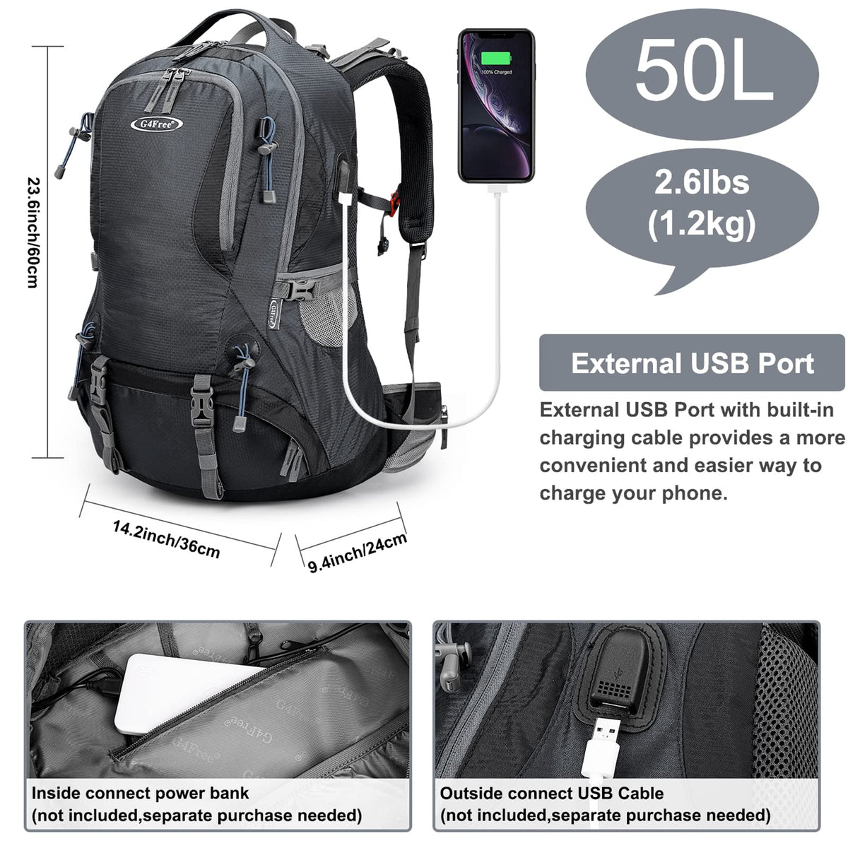 G4Free - G4Free 50L Hiking Backpack with Rain Cover for Men Women -D01V031A