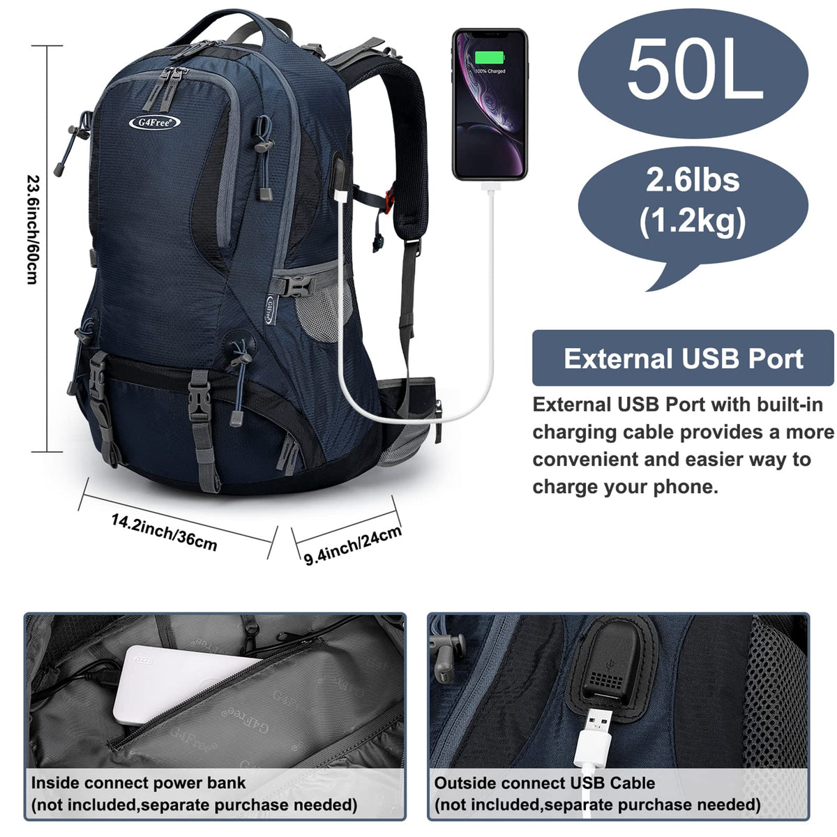 G4Free - G4Free 50L Hiking Backpack with Rain Cover for Men Women -D01V031A