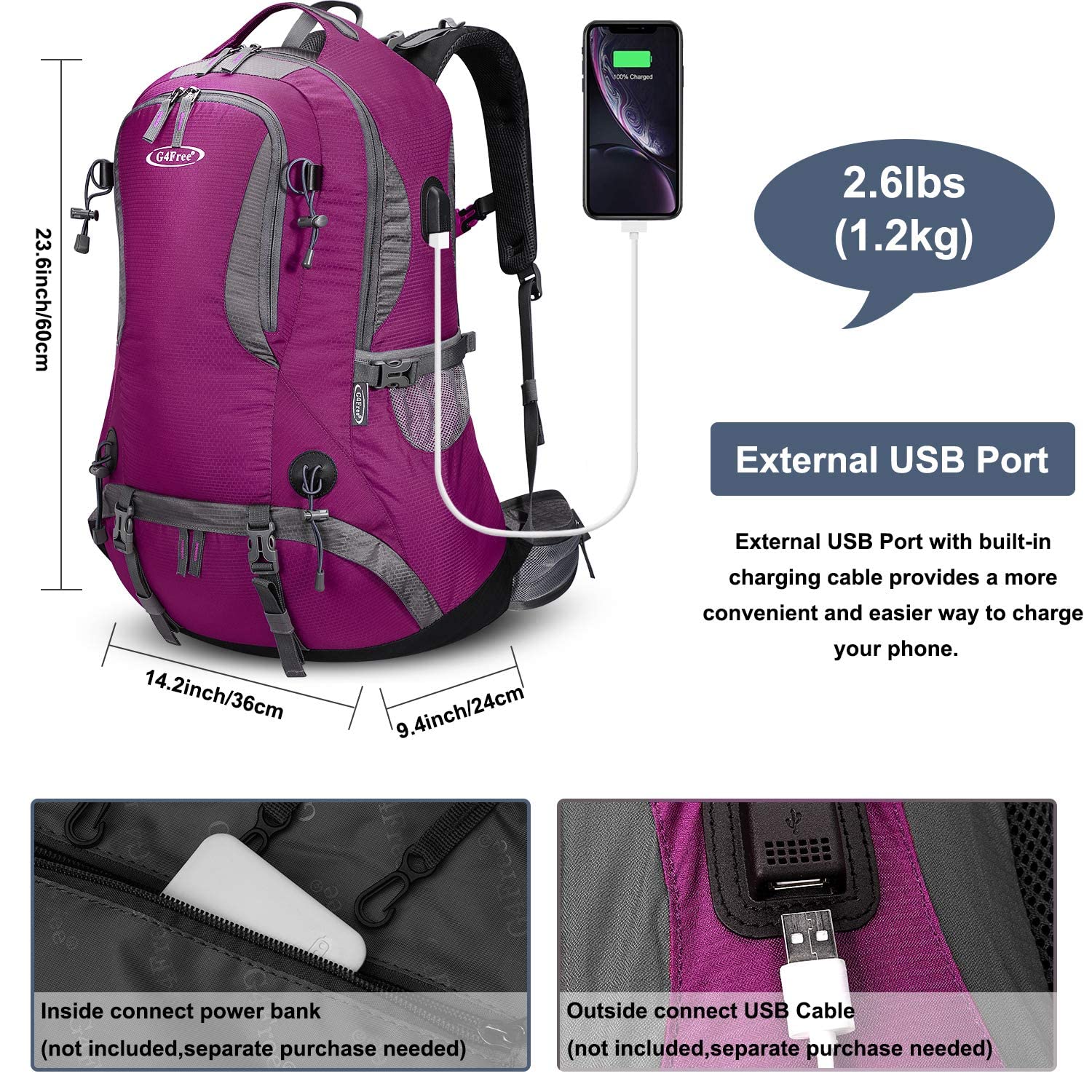 G4Free - G4Free 50L Hiking Backpack with Rain Cover for Men Women -D01V031A