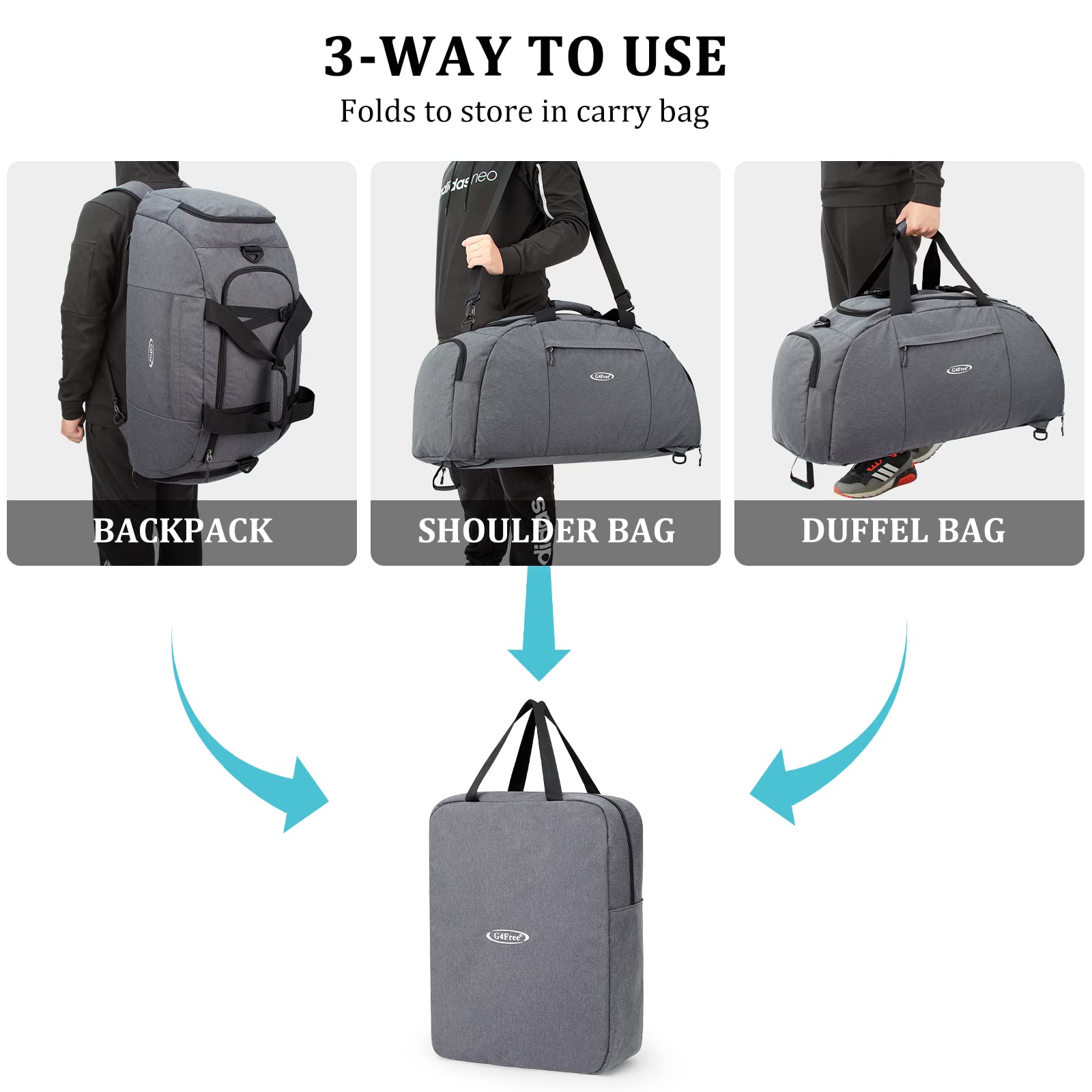 G4Free - G4Free 70L Large 3-Way Duffle Backpack Gym Bag with Shoe Compartment -TN22B134C