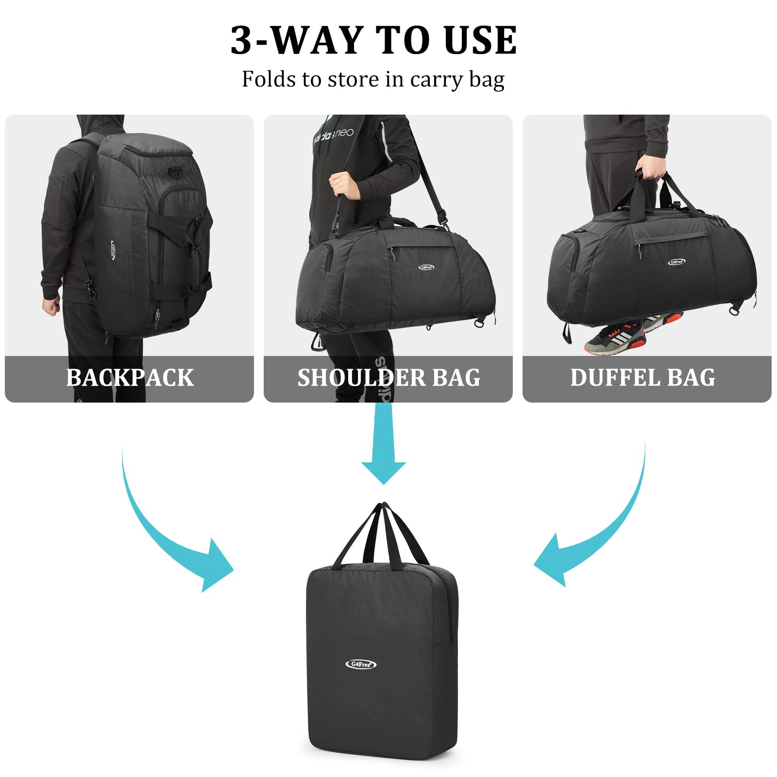 G4Free - G4Free 70L Large 3-Way Duffle Backpack Gym Bag with Shoe Compartment -TN22B134C