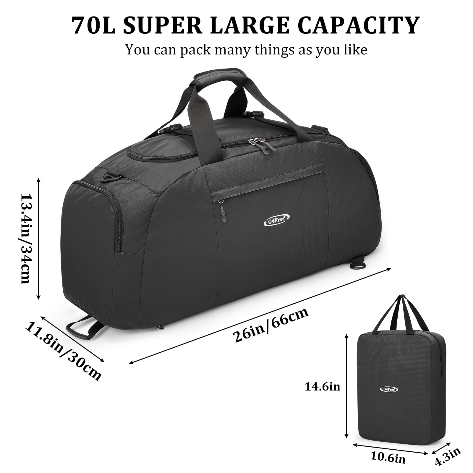 G4Free - G4Free 70L Large 3-Way Duffle Backpack Gym Bag with Shoe Compartment -TN22B134C