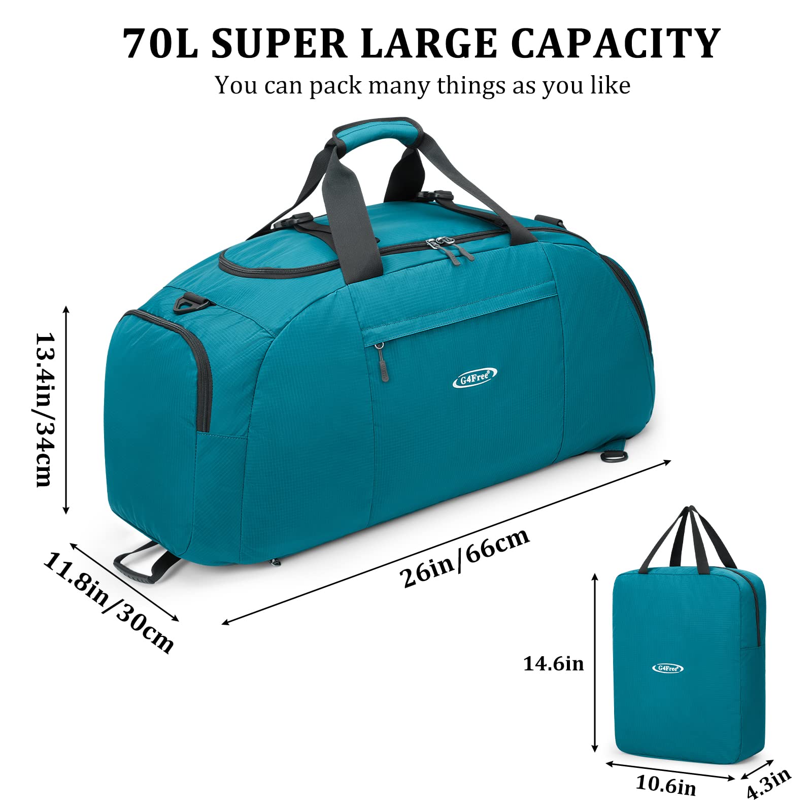 G4Free - G4Free 70L Large 3-Way Duffle Backpack Gym Bag with Shoe Compartment -TN22B134C