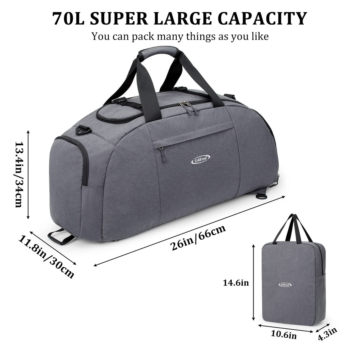 G4Free - G4Free 70L Large 3-Way Duffle Backpack Gym Bag with Shoe Compartment -TN22B134C