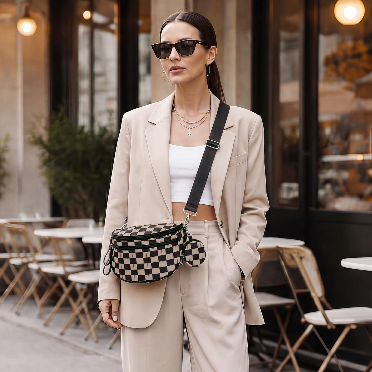 G4Free - G4Free Checkered Crossbody Bum Bag with Removable Pouch Lightweight -TN26B628A