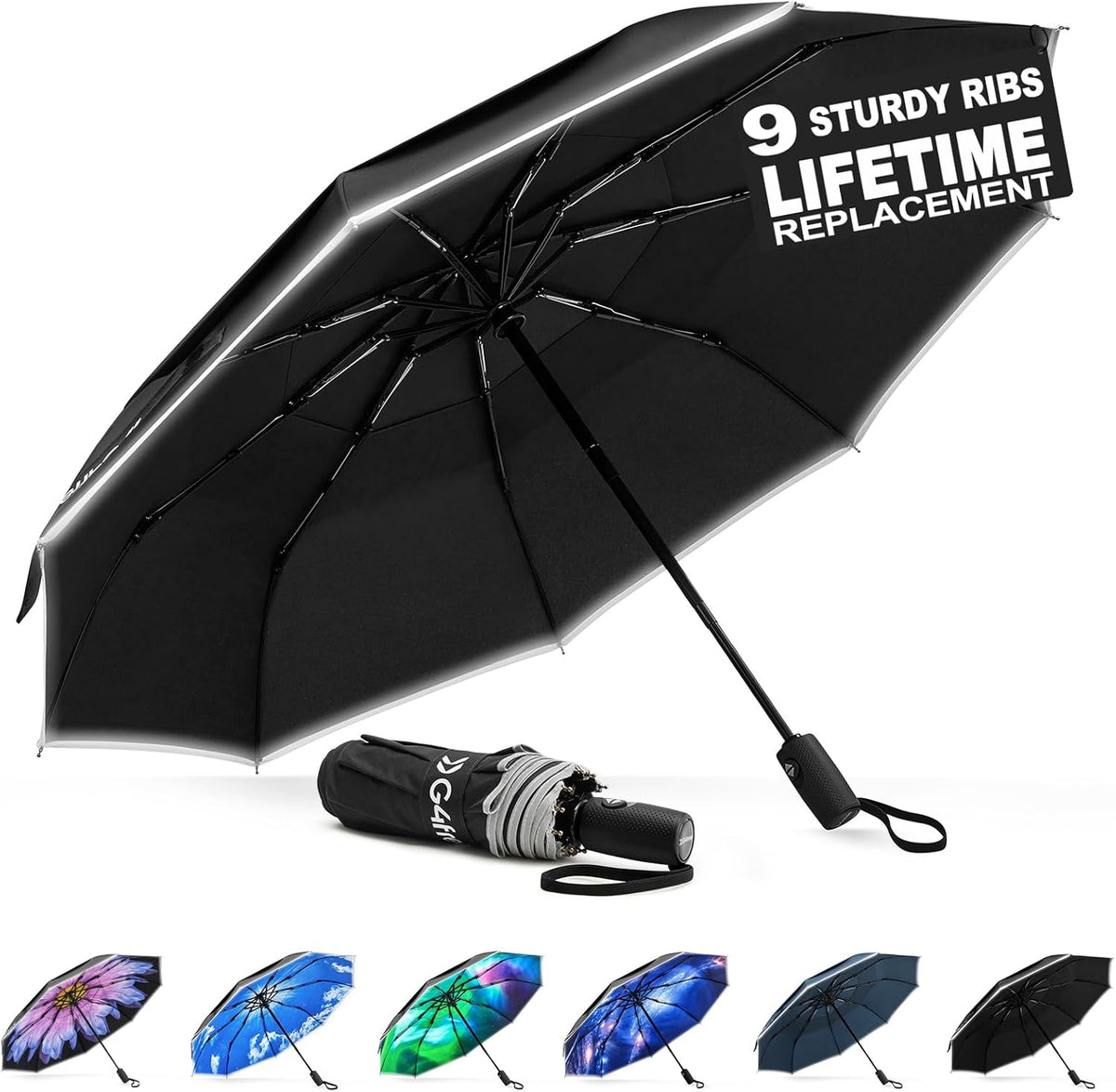 G4Free - G4Free Eco Fiberglass Frame Double Canopy Reflective Strip Auto Folding Umbrella -TN24A423A