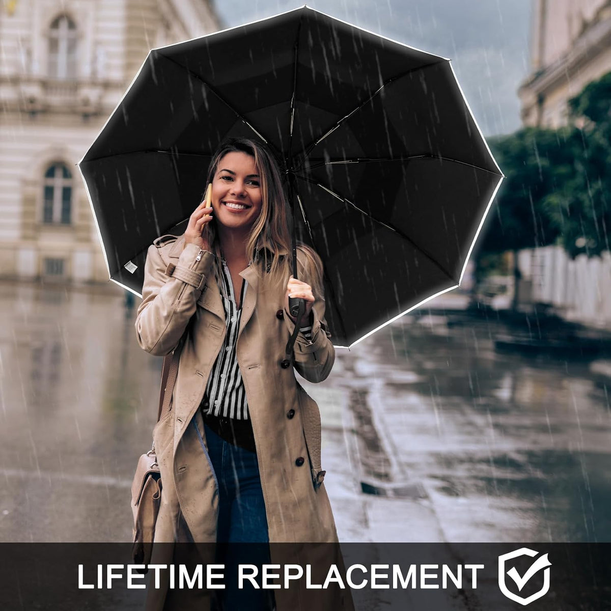 G4Free - G4Free Eco Fiberglass Frame Double Canopy Reflective Strip Auto Folding Umbrella -TN24A423A