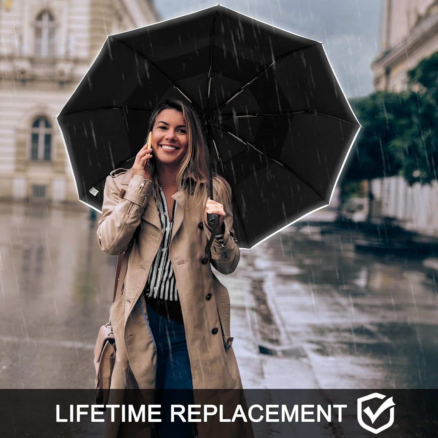 G4Free - G4Free Eco Fiberglass Frame Double Canopy Reflective Strip Auto Folding Umbrella -TN24A423A