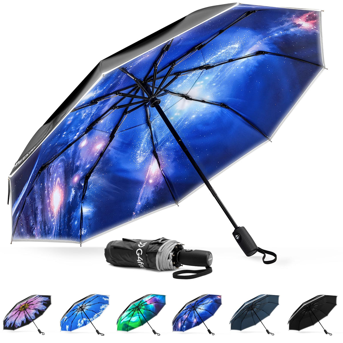 G4Free - G4Free Eco Fiberglass Frame Double Canopy Reflective Strip Auto Folding Umbrella -TN24A424B