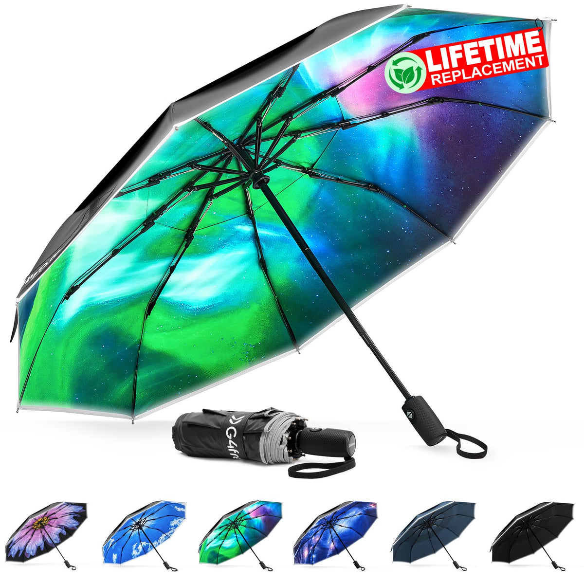 G4Free - G4Free Eco Fiberglass Frame Double Canopy Reflective Strip Auto Folding Umbrella -TN24A424C