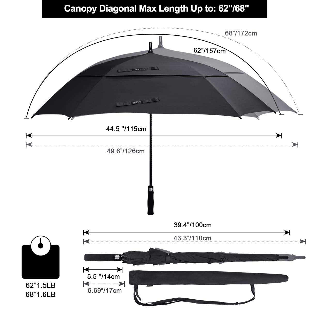 G4Free - G4Free Extra Large Golf Umbrella 62/68 inch Vented Square Umbrella -D02V717A
