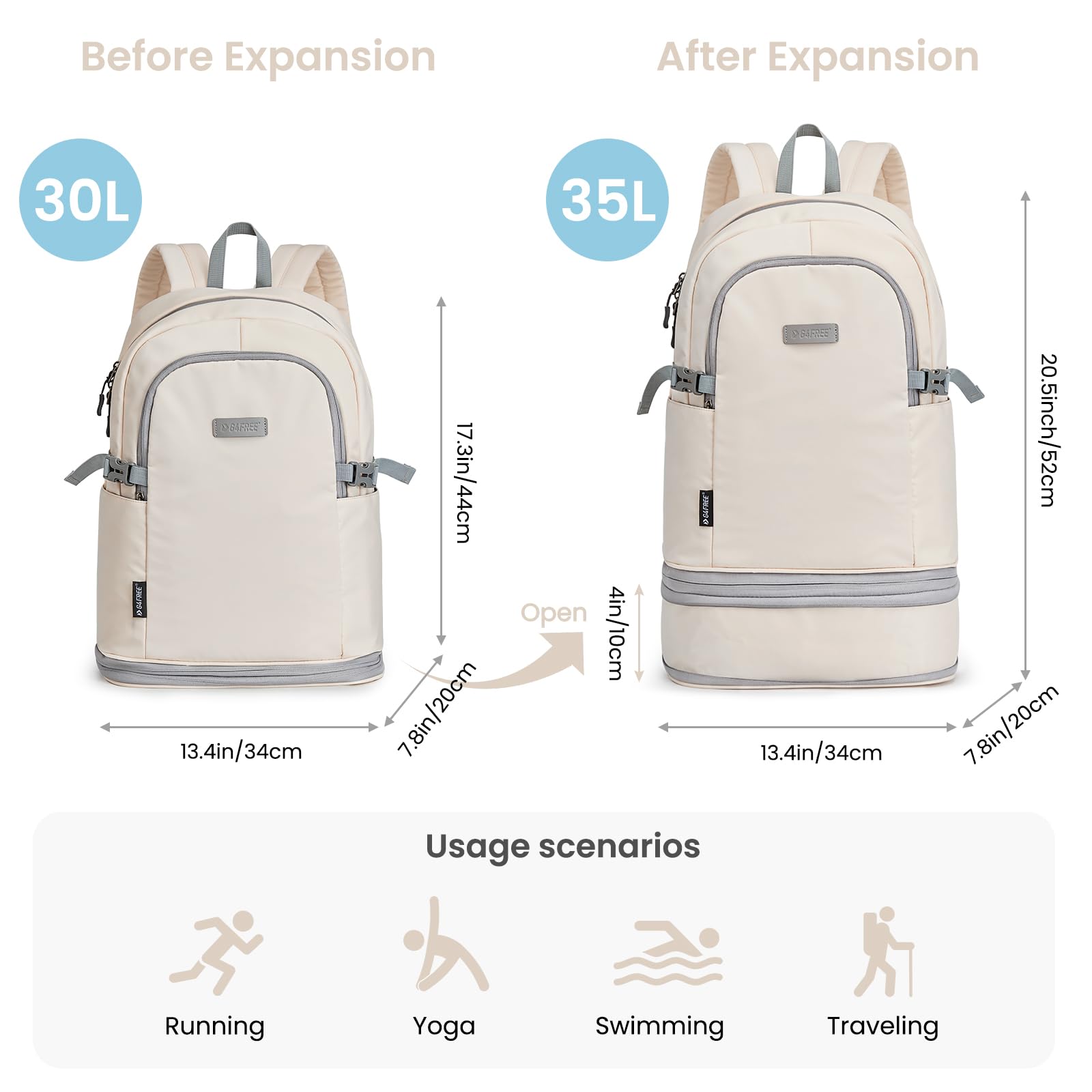 G4Free - G4Free Gym Backpack For Women with Shoes Compartment & Wet Pocket -TN23B238D