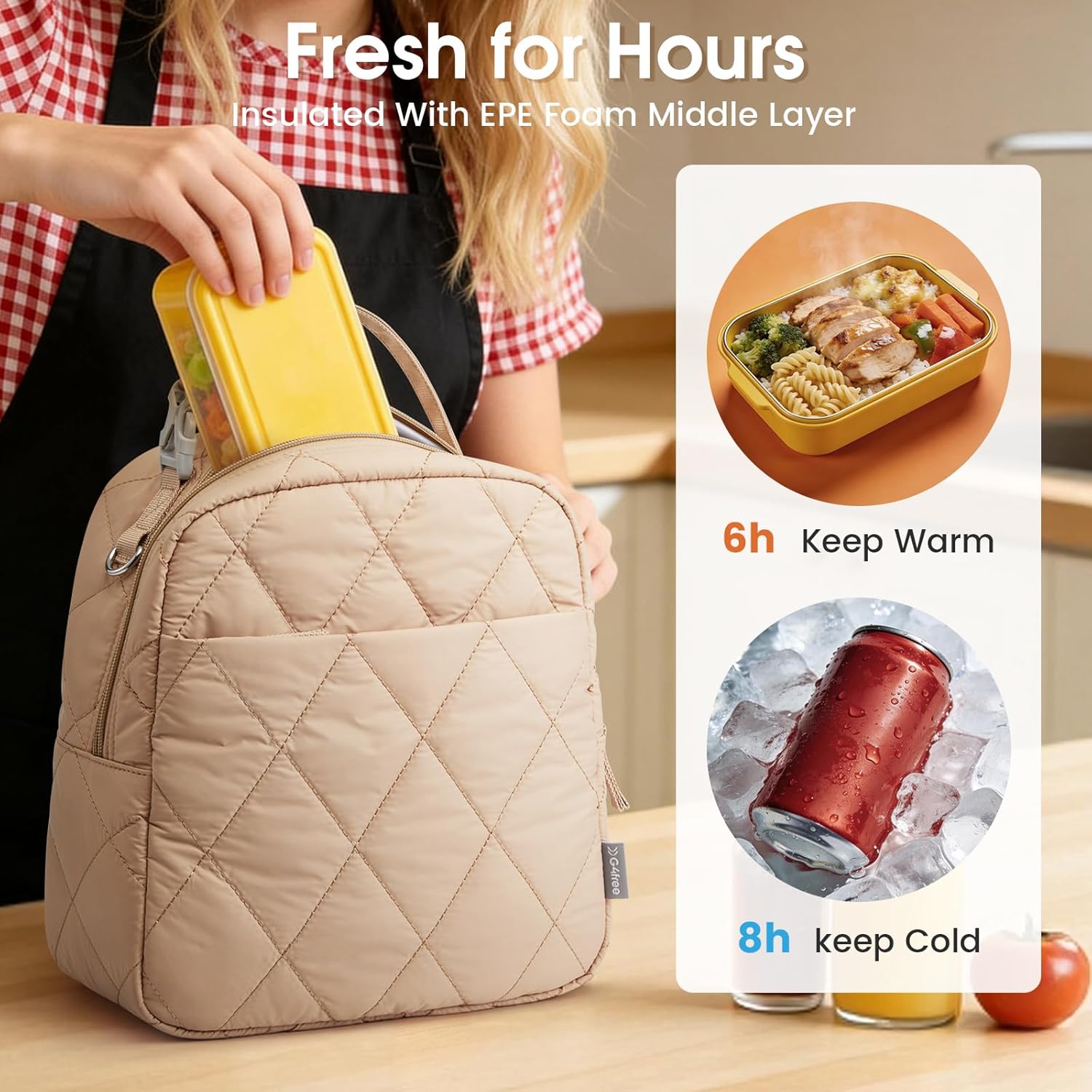 G4Free - G4Free Large Insulated Lunch Bag, Leakproof Quilted Lunch Box Women Men -TN25B590C
