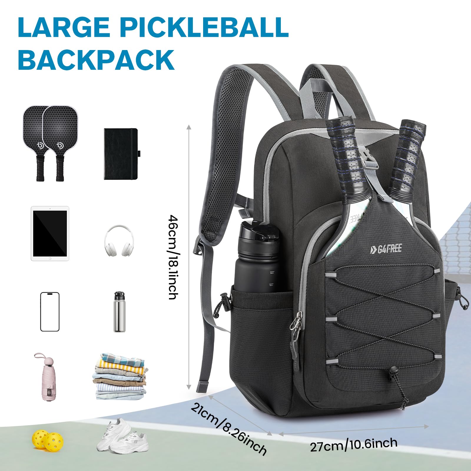 G4Free - G4Free Pickleball Backpack Fits 2 to 4 Paddles -TN23B318C