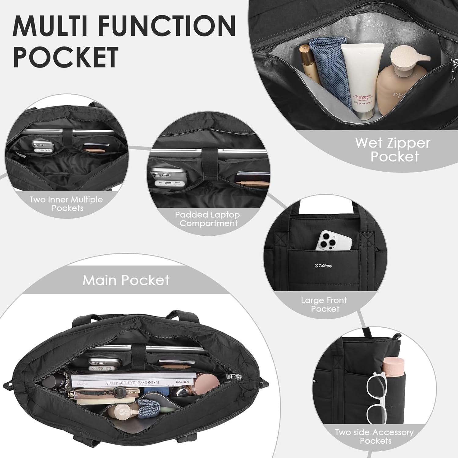 G4Free - G4Free Puffer  Tote Bag with Zipper Compartments, Expandable Handbag -TN25B522B