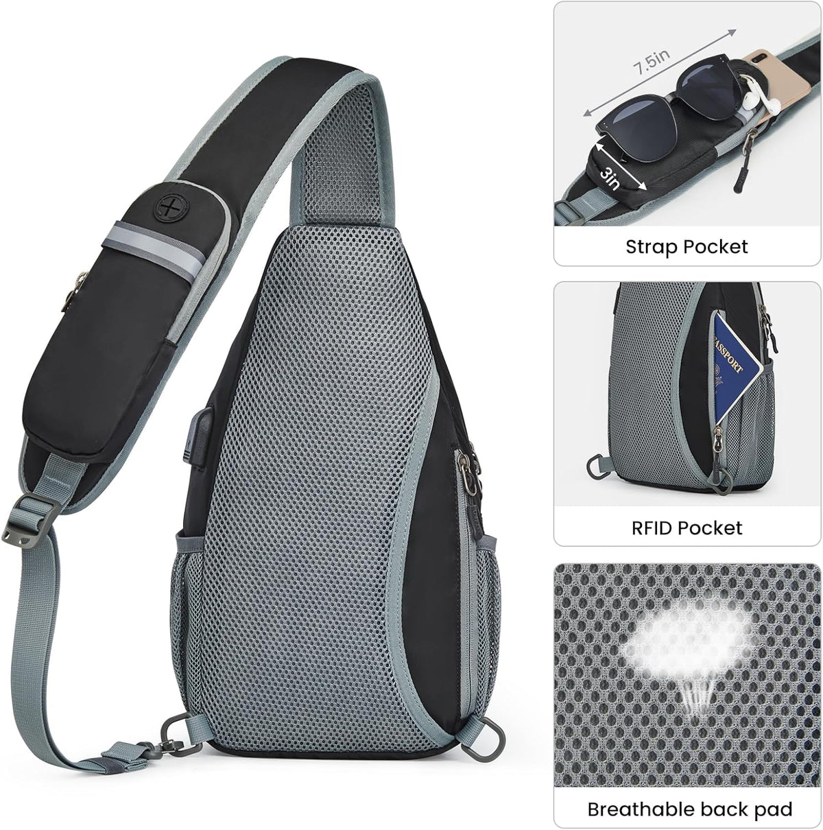 G4Free - G4Free RFID Crossbody Sling Backpack with USB Charging Port -TN23B273C