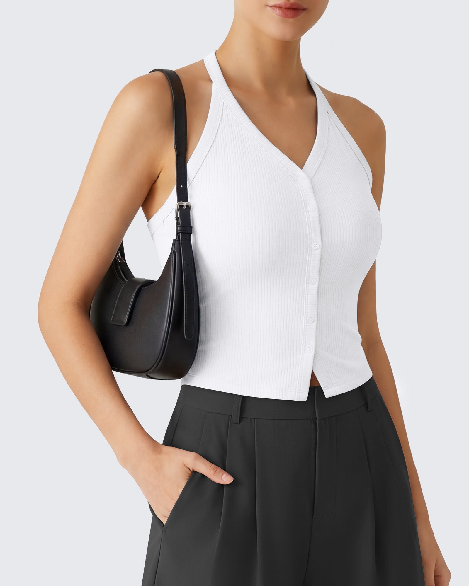 G4Free - G4Free Ribbed Backless Halter Crop Cami -GF26L983A001F-XS
