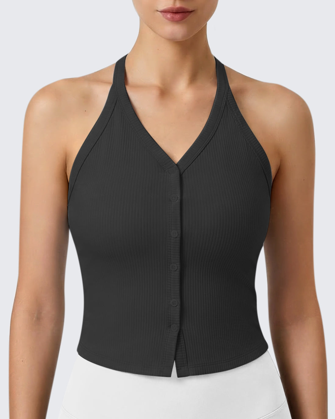 G4Free - G4Free Ribbed Backless Halter Crop Cami -GF26L983A001F-XS