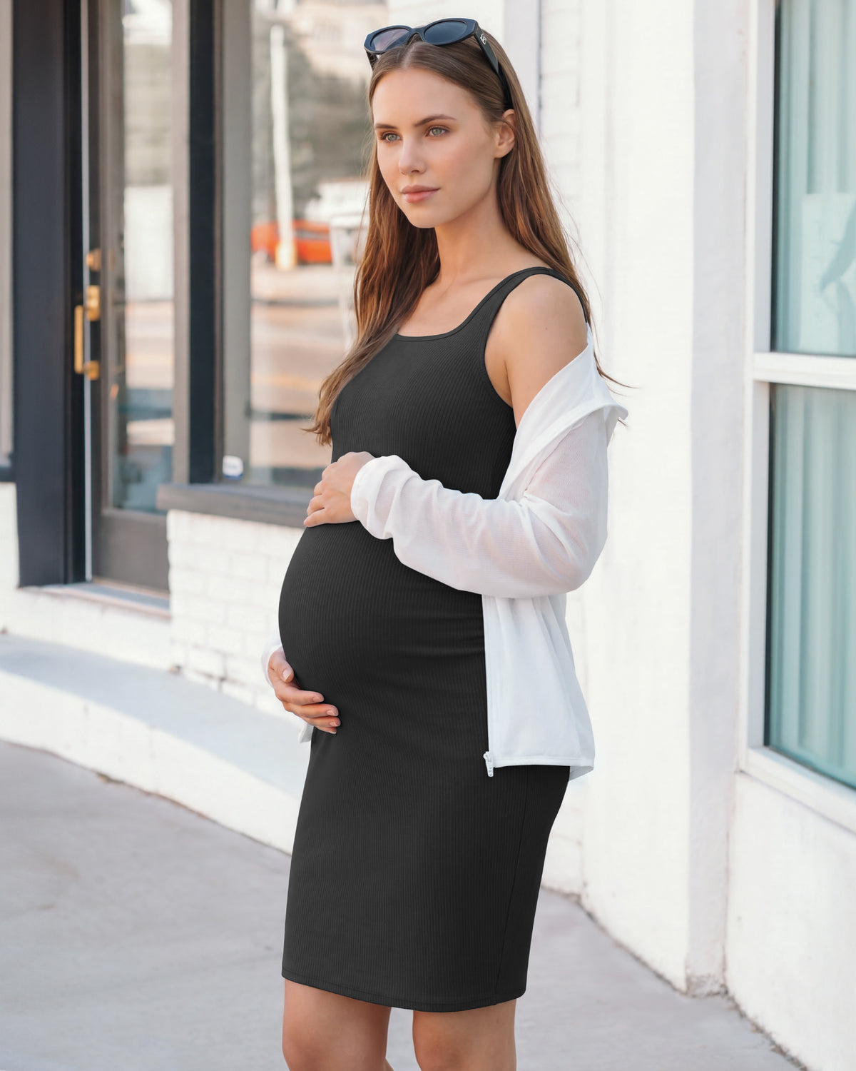 G4Free - G4Free Ribbed Square Neck Midi Maternity Tank Dress -GF26VY980A001A-S