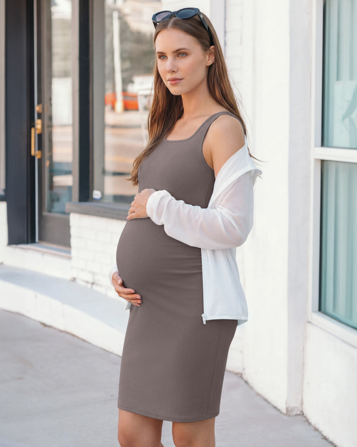 G4Free - G4Free Ribbed Square Neck Midi Maternity Tank Dress -GF26VY980A001A-S