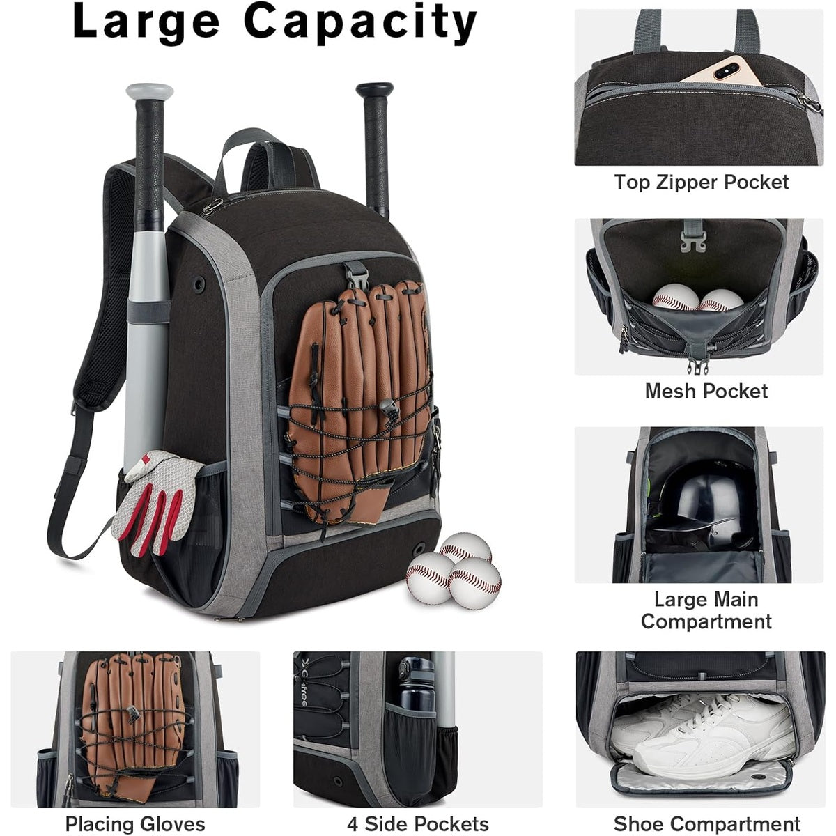 G4Free - G4Free Shoe Compartment Baseball Large Bat Backpack with Fence Hook -TN24B366B