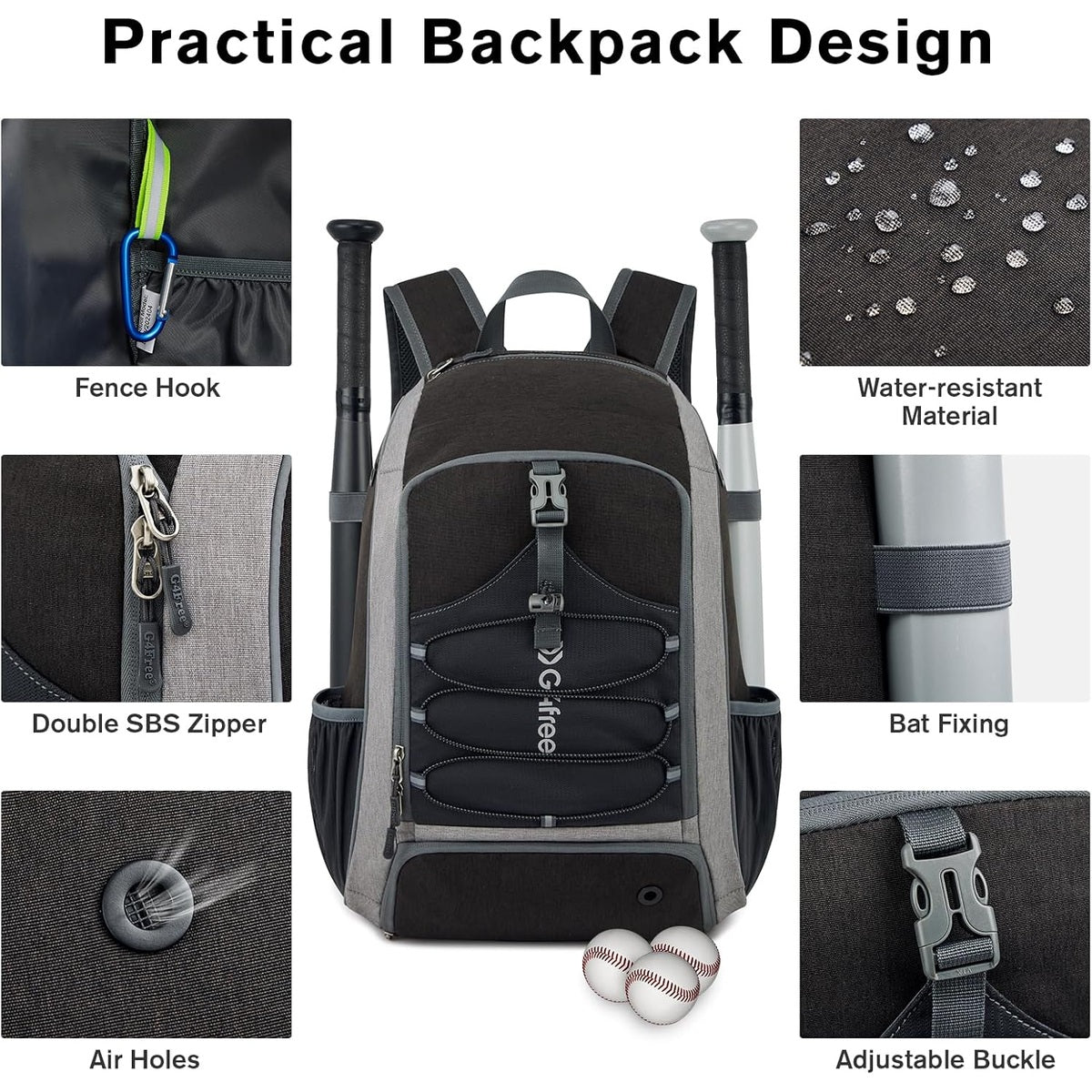 G4Free - G4Free Shoe Compartment Baseball Large Bat Backpack with Fence Hook -TN24B366B