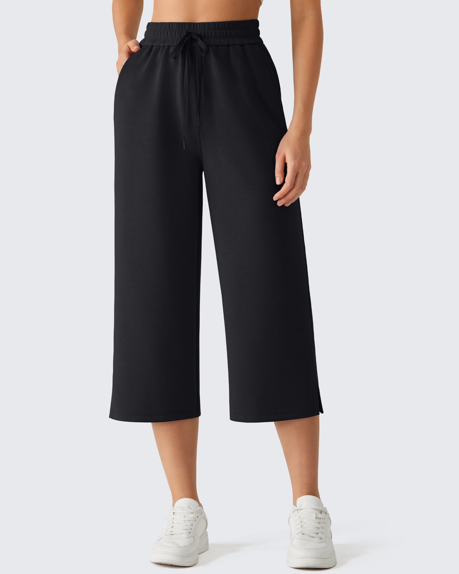 G4Free - G4Free Smoofit Drawstring Wide Leg Capri Pants with Pockets -GF26J907A001A-S