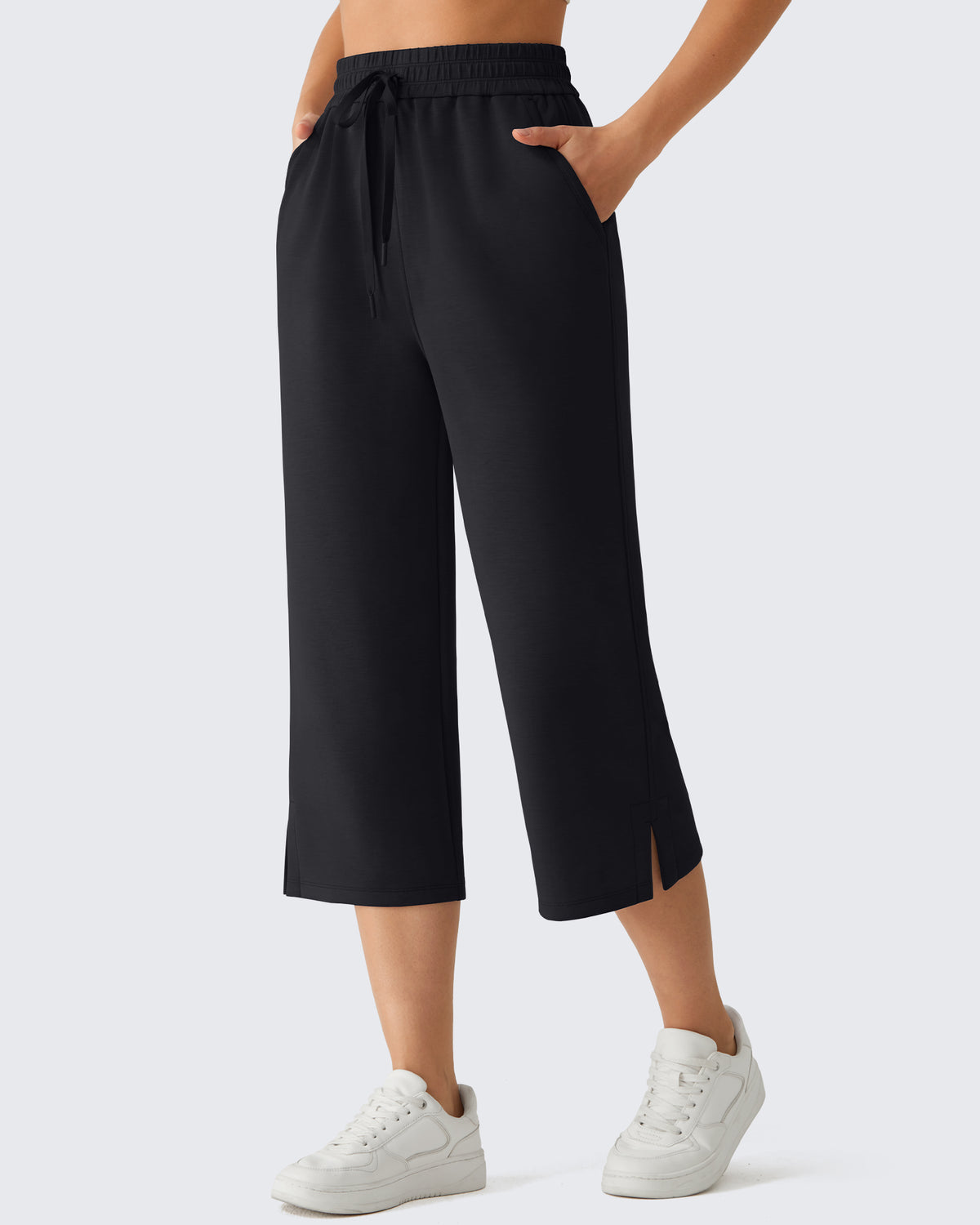 G4Free - G4Free Smoofit Drawstring Wide Leg Capri Pants with Pockets -GF26J907A001A-S