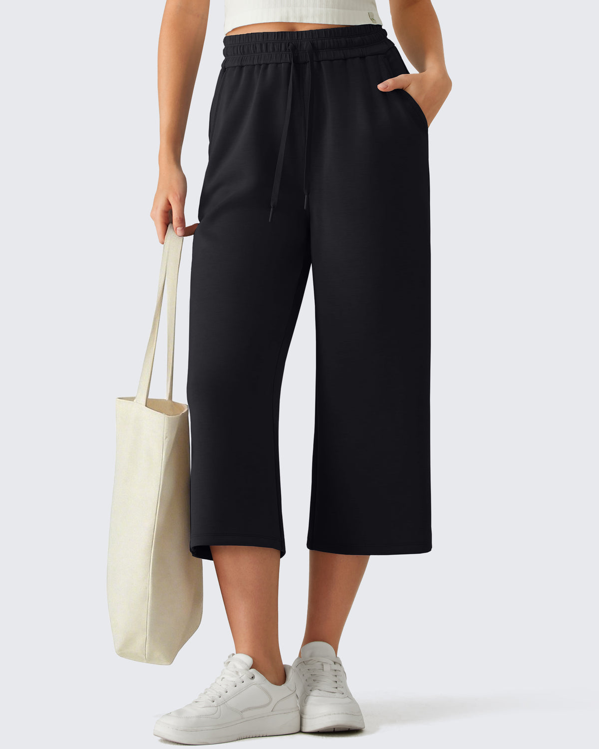 G4Free - G4Free Smoofit Drawstring Wide Leg Capri Pants with Pockets -GF26J907A001A-S