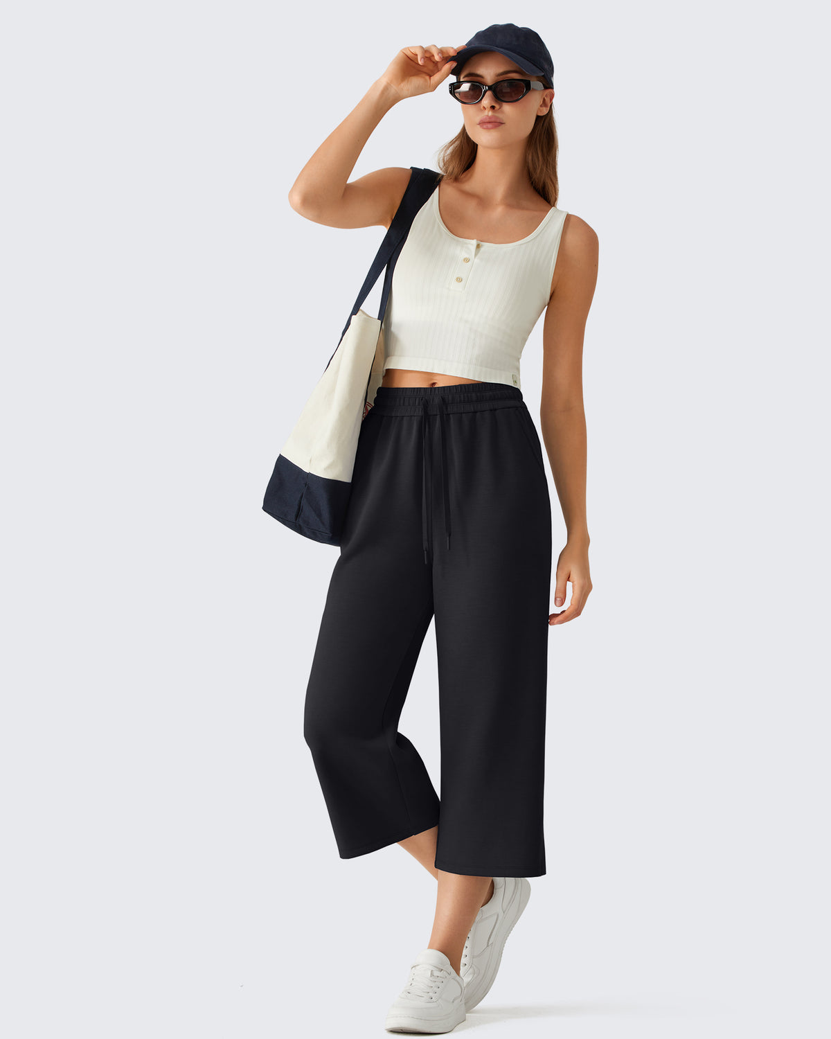 G4Free - G4Free Smoofit Drawstring Wide Leg Capri Pants with Pockets -GF26J907A001A-S